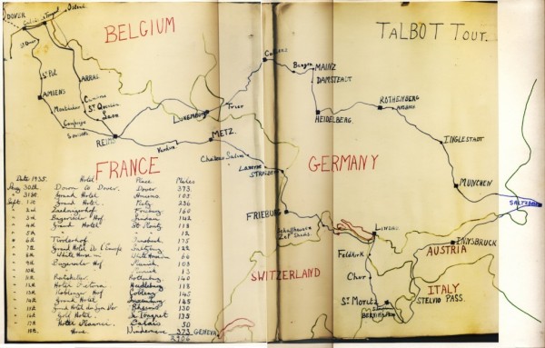 Hand-drawn map showing the route, distances each day, dates and hotels.